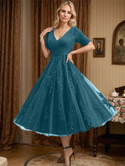 A-line V-Neck Tea-Length Tulle Lace Mother of the Bride Dress With Pleated