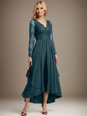 A-line V-Neck Asymmetrical Lace Chiffon Mother of the Bride Dress