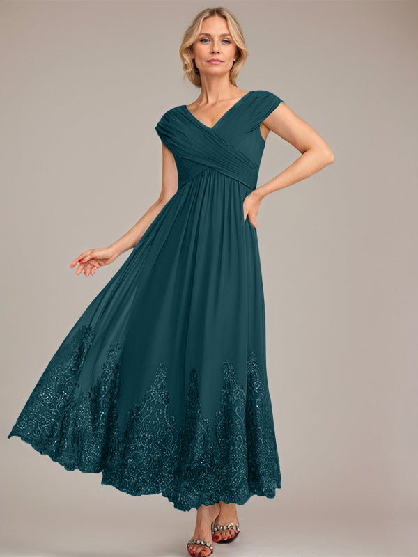 A-line V-Neck Ankle-Length Chiffon Mother of the Bride Dress With Applique Sequins