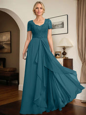 A-line Sweetheart Floor-Length Chiffon Lace Mother of the Bride Dress With Beading Cascading Ruffles