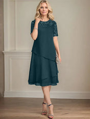 A-line Scoop Illusion Knee-Length Lace Chiffon Mother of the Bride Dress With Sequins