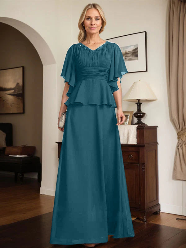 A-line V-Neck Floor-Length Chiffon Mother of the Bride Dress With Pleated Beading