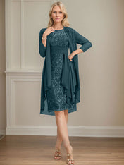 Sheath/Column Scoop Illusion Knee-Length Lace Chiffon Mother of the Bride Dress With Cascading Ruffles Sequins