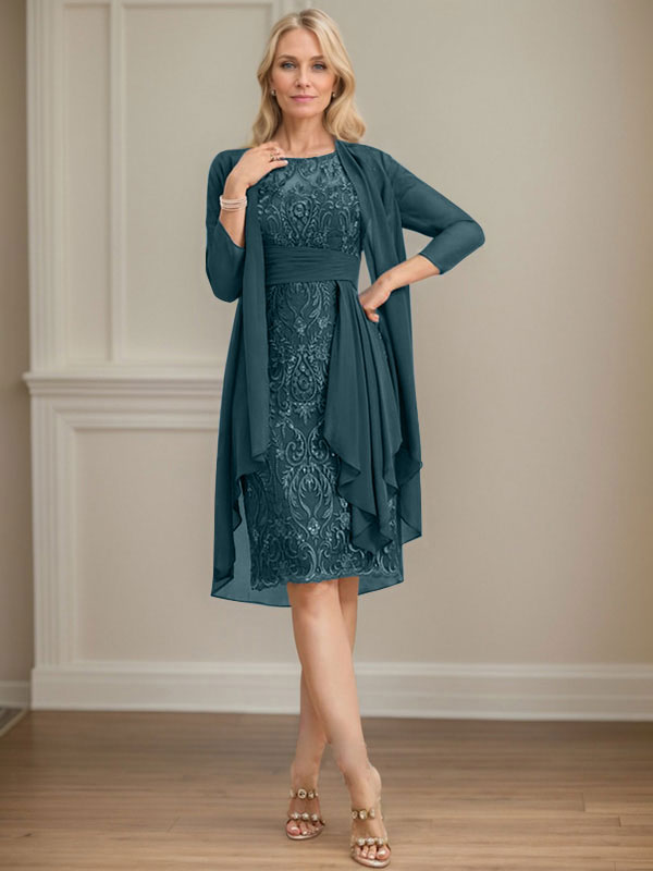 Column Scoop Illusion Knee-Length Lace Chiffon Mother of the Bride Dress With Cascading Ruffles Sequins