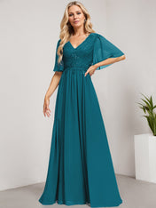 A-line V-Neck Floor-Length Lace Chiffon Mother of the Bride Dress With Sequins