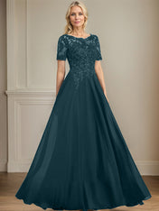 A-line Scoop Illusion Floor-Length Chiffon Lace Mother of the Bride Dress With Sequins Beading