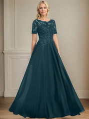 A-line Scoop Illusion Floor-Length Chiffon Lace Mother of the Bride Dress With Sequins Beading