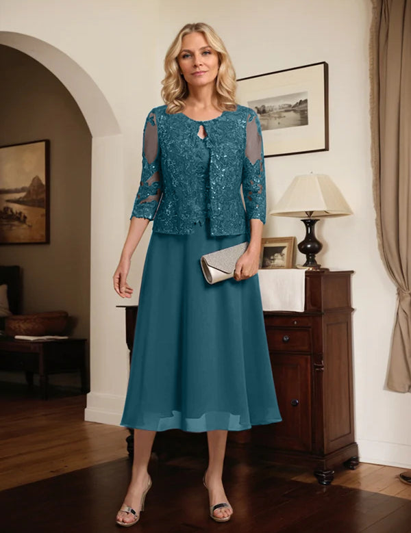 A-line Scoop Tea-Length Lace Chiffon Mother of the Bride Dress With Sequins
