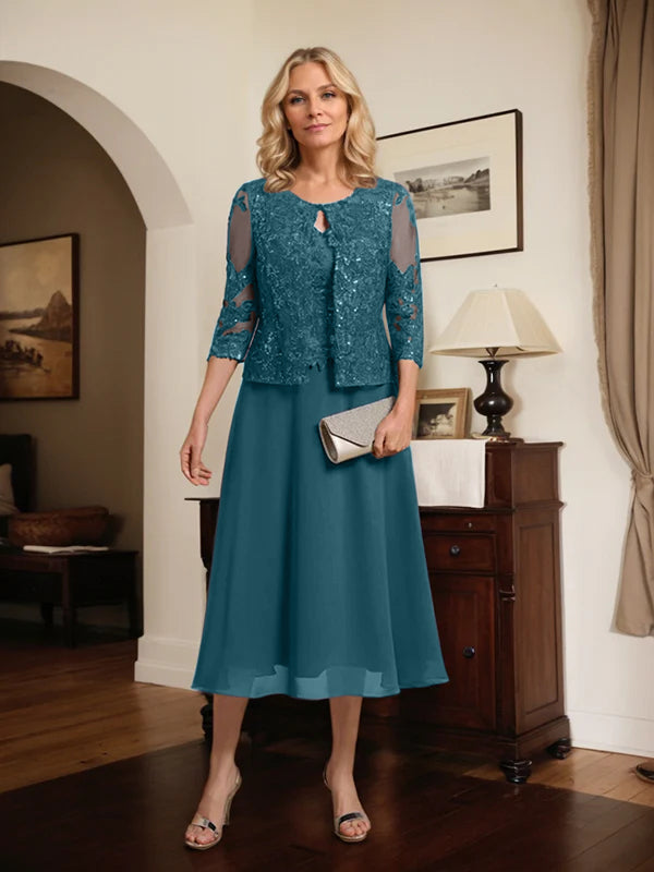 A-line Scoop Tea-Length Lace Chiffon Mother of the Bride Dress With Sequins