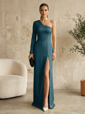 Long Sleeves Black One Shoulder Formal Dress Evening Gown