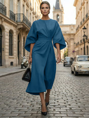 Loose Batwing Sleeve Dress Tight Waist Solid Color Elegant Dresses