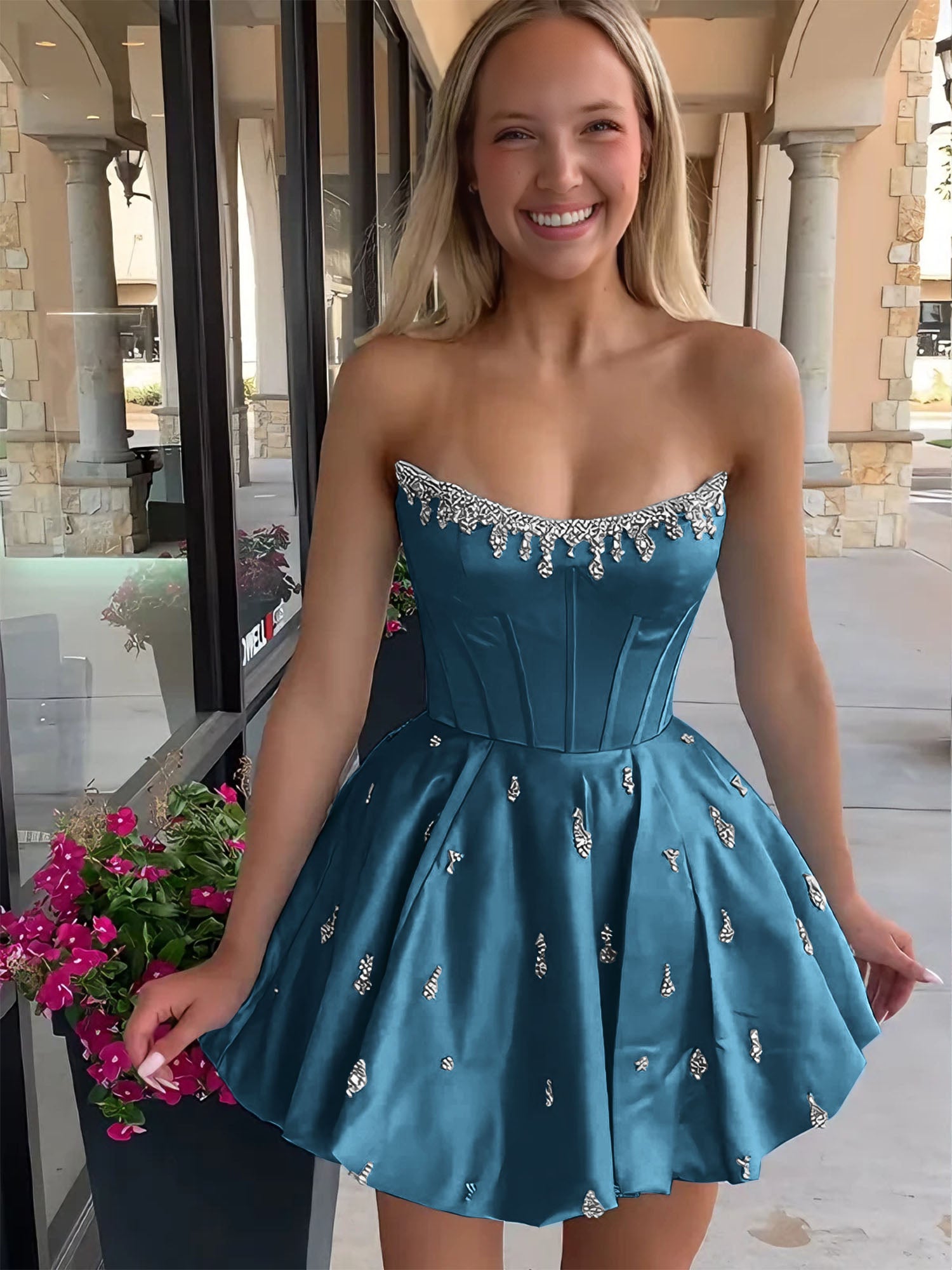 Sparkly Satin A Line Short Corset Homecoming Dress with Rhinestones