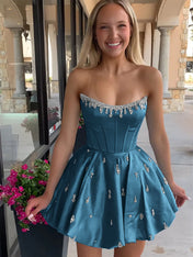 Sparkly Satin A Line Short Corset Homecoming Dress with Rhinestones