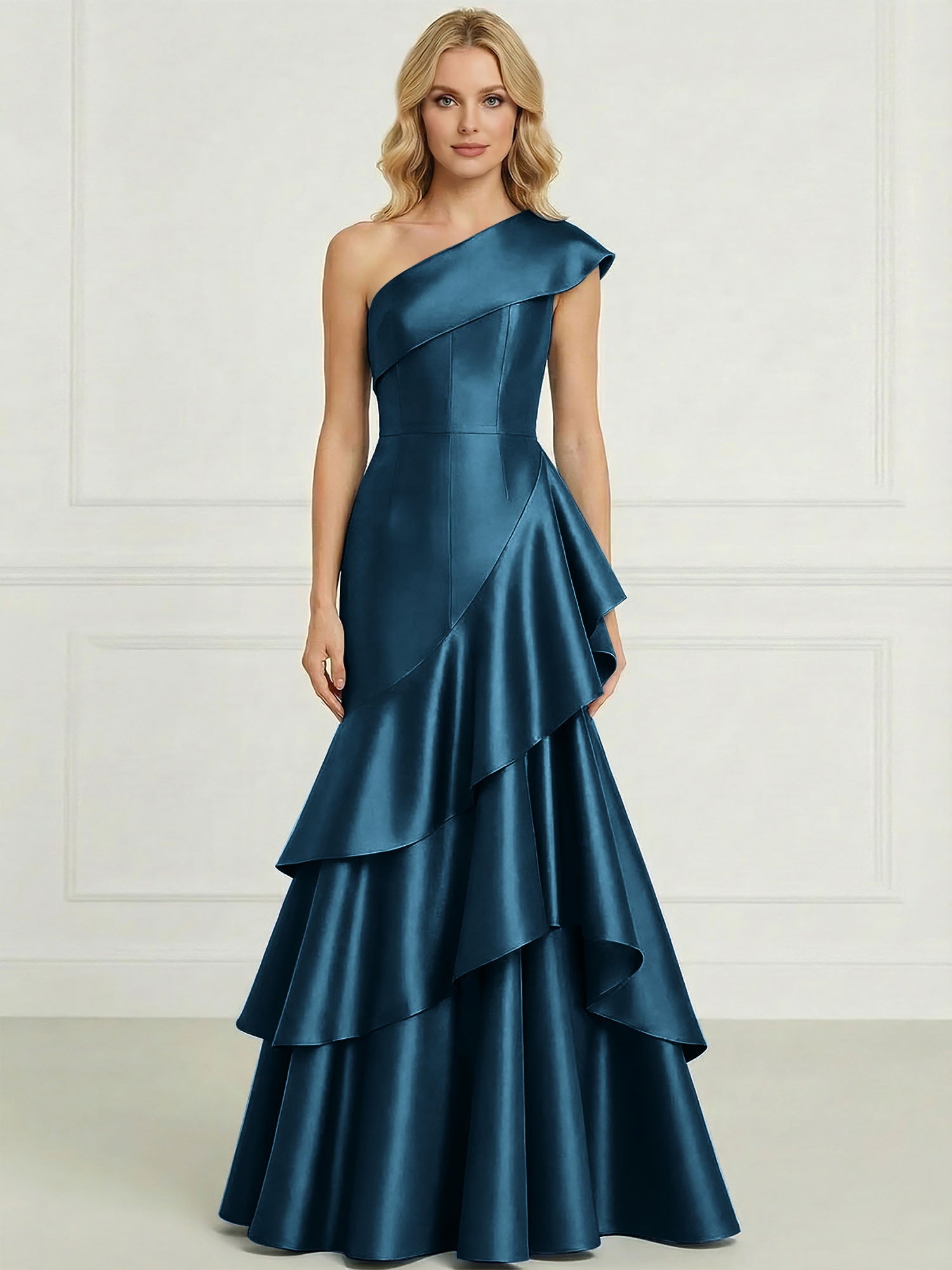Formal Evening Dress Dark Blue One-Shoulder Satin Tiered Maxi Gown