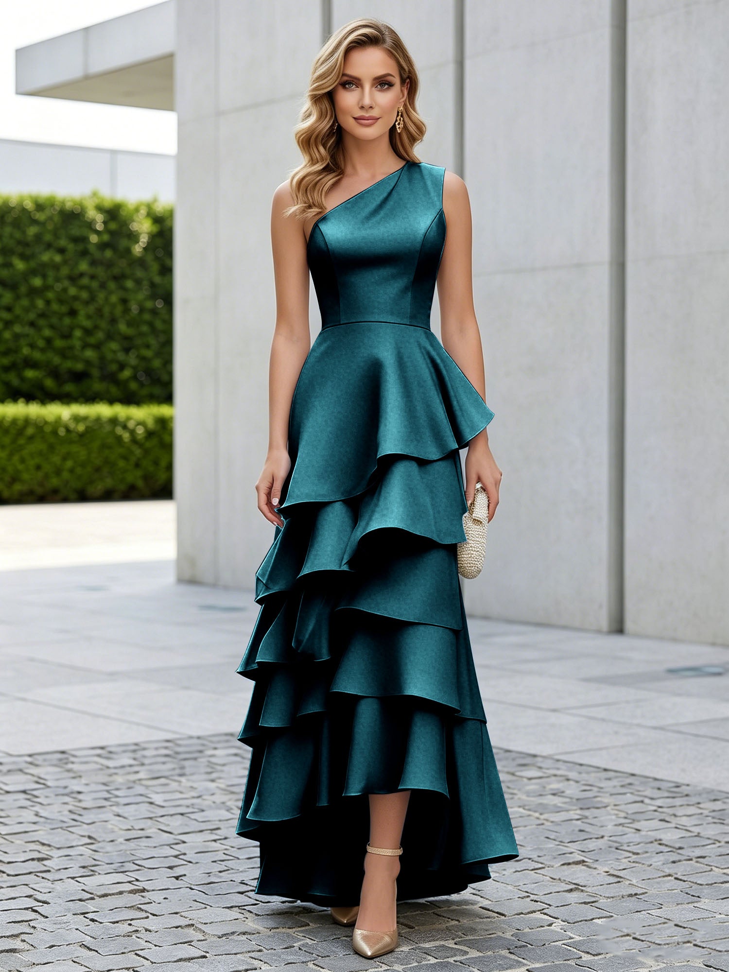 One Shoulder Tiered Ruffle Satin Mermaid Evening Gown with Sculptural Layers