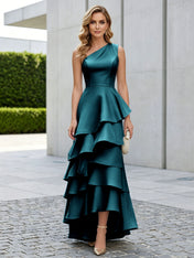 One Shoulder Tiered Ruffle Satin Mermaid Evening Gown with Sculptural Layers