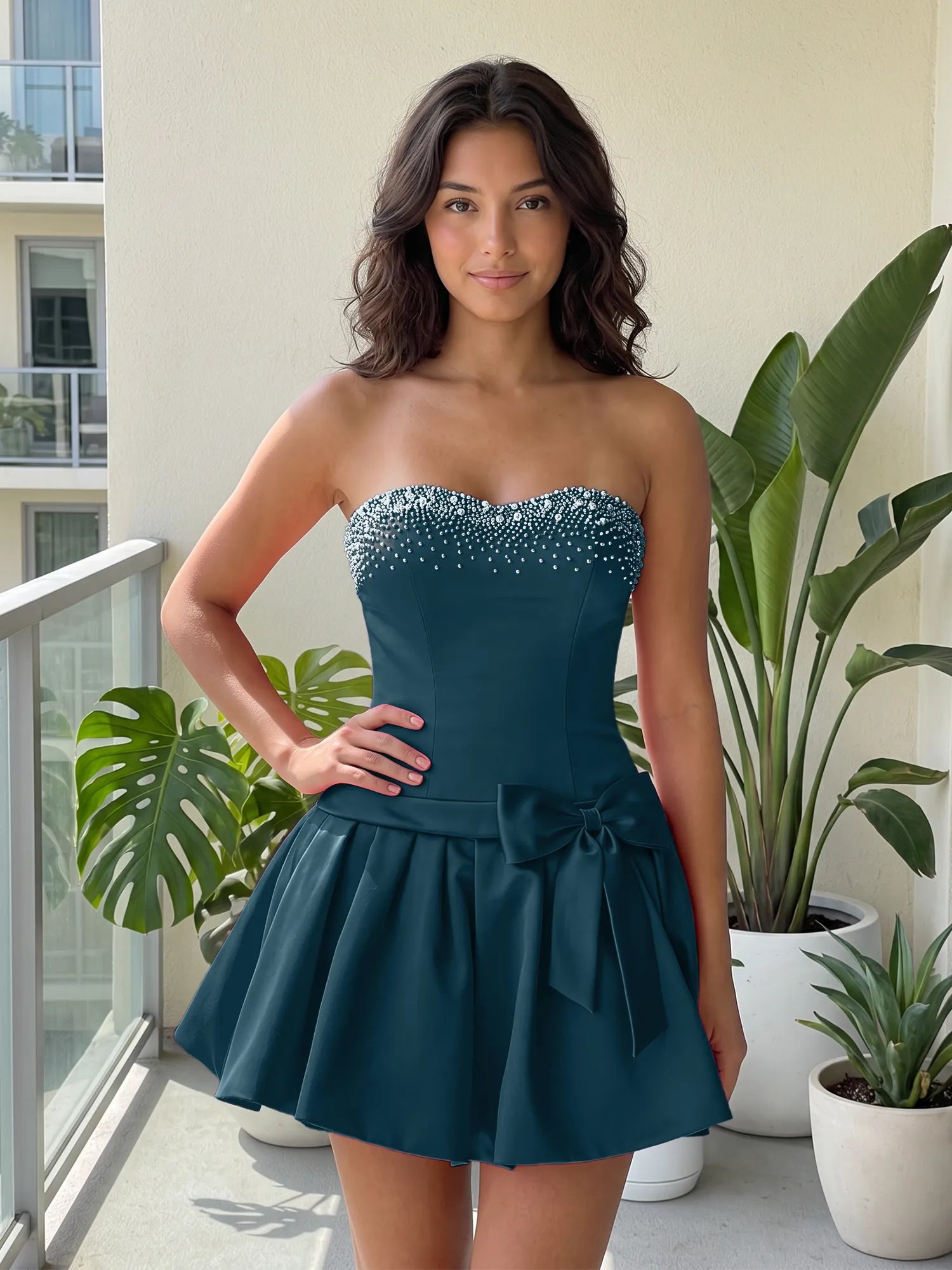 Fuchsia Pearl Corset Short Homecoming Dresses Large Waist Bow Lace Up Back