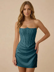 White Strapless Sequin Beaded Satin Short Homecoming Dress with Corset