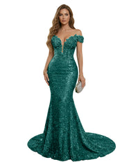 Sparkly Off The Shoulder Sequin Long Mermaid Corset Prom Dresses