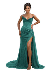 Gold Strapless Beading-Embellished Corset Prom Dress with Slit