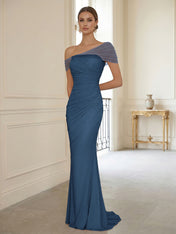 Sophisticated Blush Pink Asymmetrical Ruched Maxi Dress Evening Gown