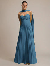 Green Chiffon A Line Off The Shoulder Sleeveless Floor Length Pleated Dress