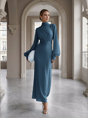 Ice Blue High-Neck Bishop Sleeve Gown Foraml Evening Dress