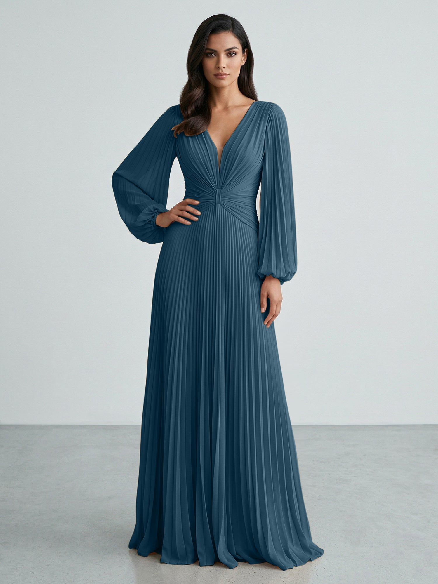 Slate Blue Plunging V-Neck Pleated Long Sleeve Maxi Dress Gown