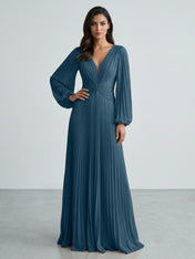 Slate Blue Plunging V-Neck Pleated Long Sleeve Maxi Dress Gown