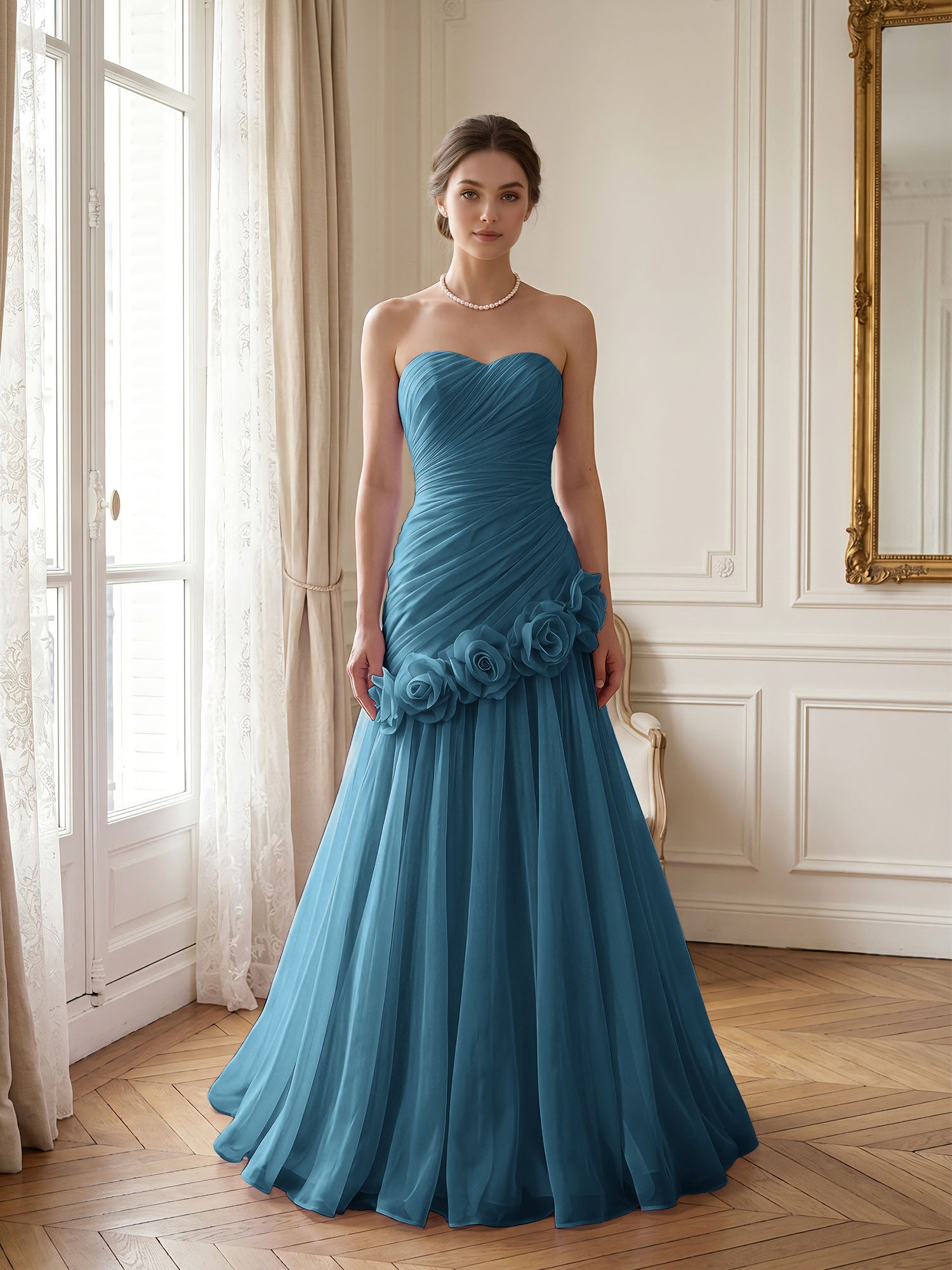 Lilac 3D Rosette Strapless Chiffon Evening Formal Gown Wedding Guest Dress