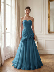 Lilac 3D Rosette Strapless Chiffon Evening Formal Gown Wedding Guest Dress
