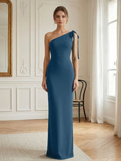 Green Formal Evening Dress Sheath One Shoulder Sleeveless Maxi Dress Gown