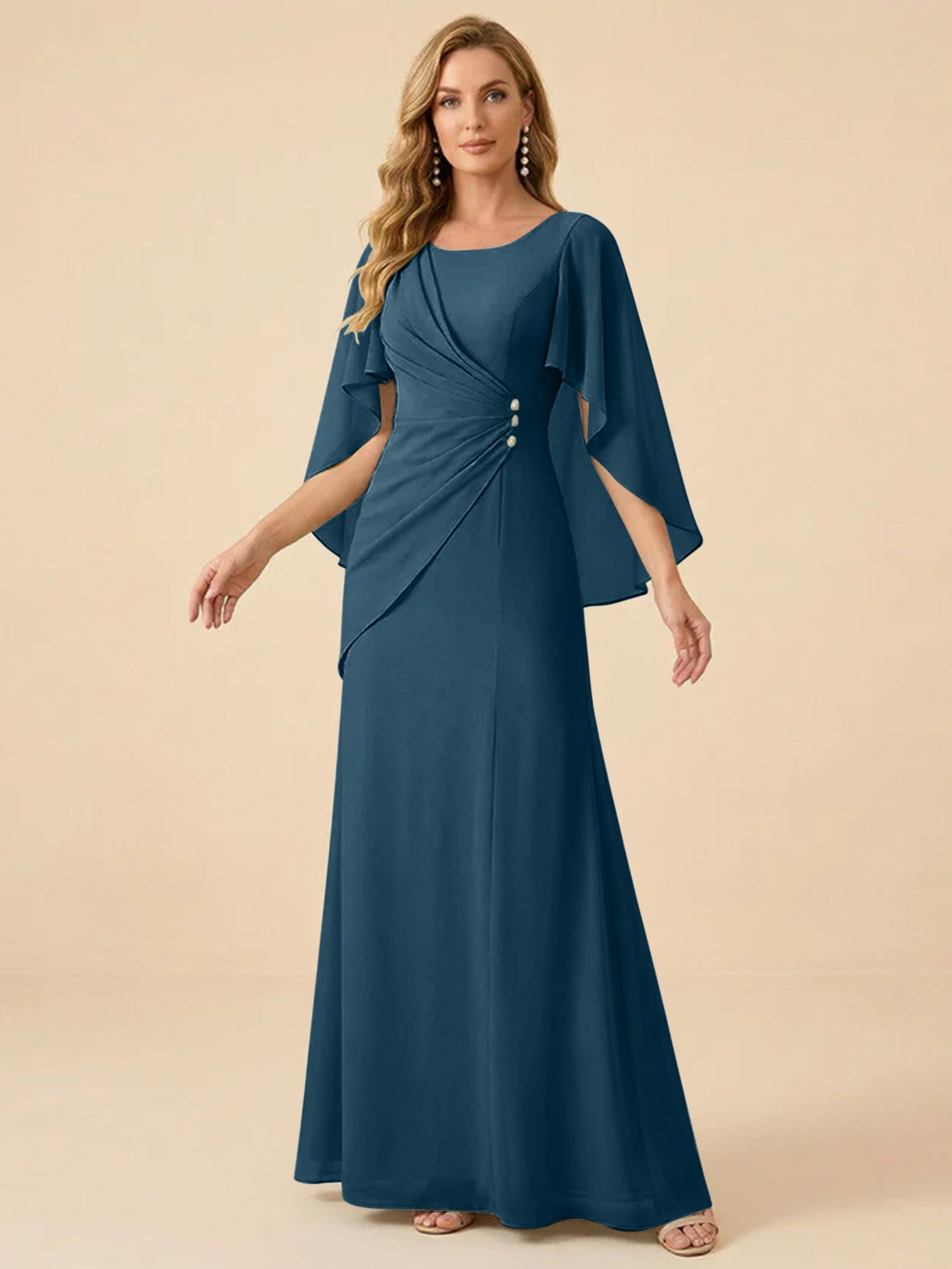 Sage Green Chiffon Beaded Mother of the Bride Dress with Cape Sleeves