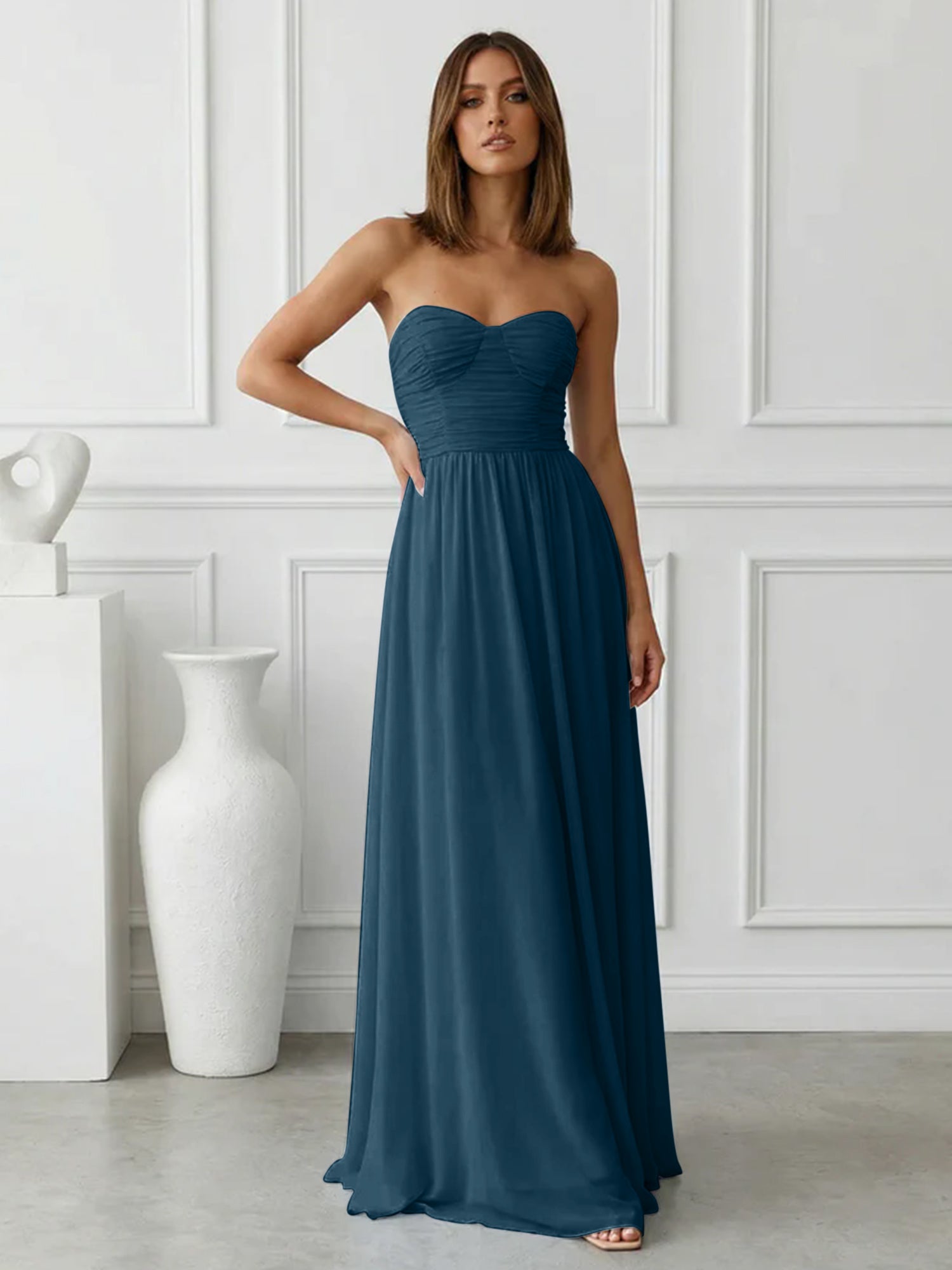 Light Blue Sweetheart Chiffon A Line Maxi Dress with Pleat