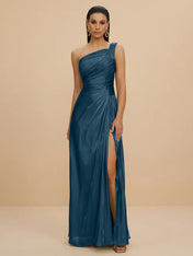 Forma Dress One Shoulder Metallic Pleated Evening Gown with High Slit