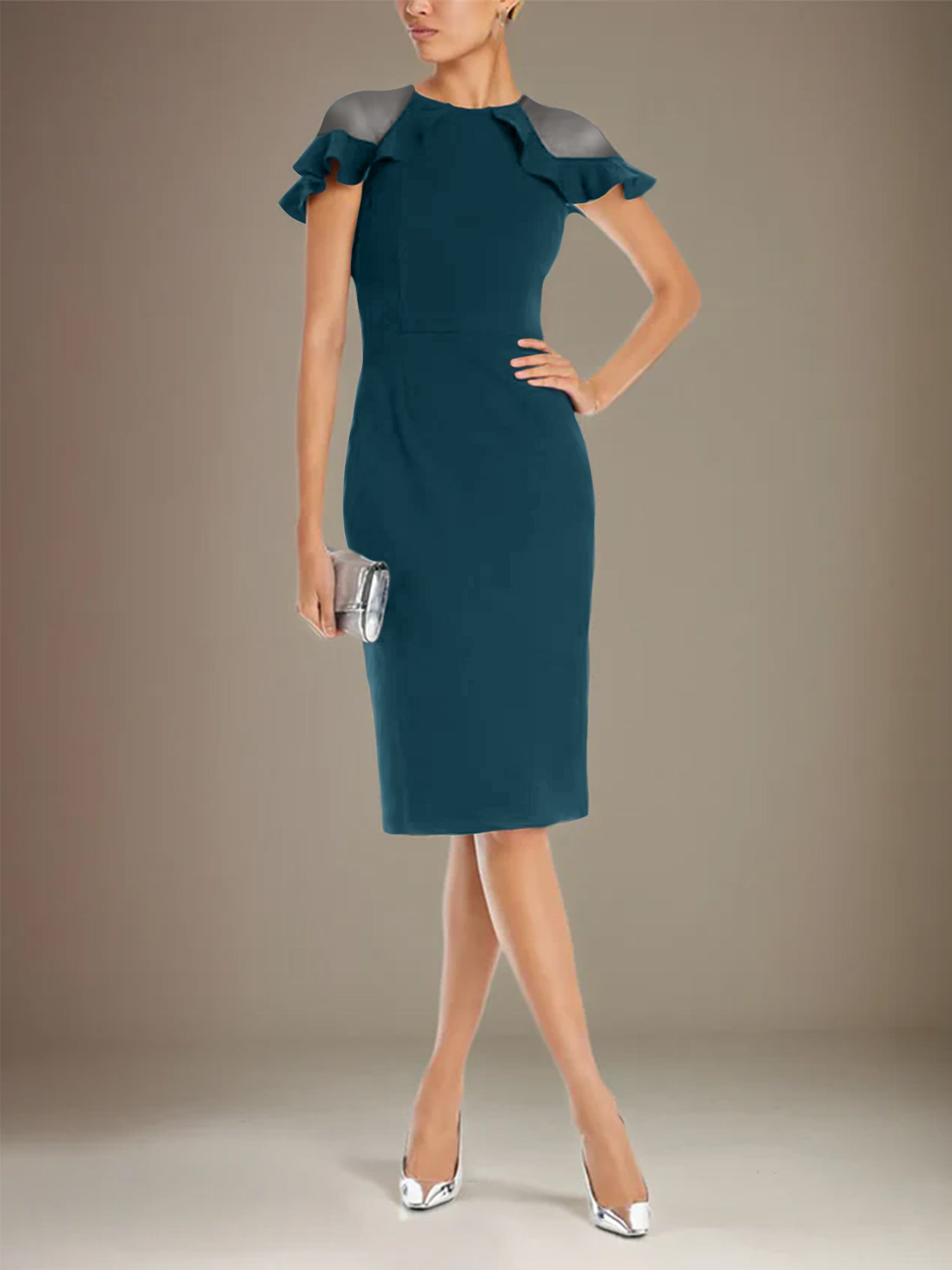 Column Stretch Crepe Scoop Short Sleeves Knee Length Dress