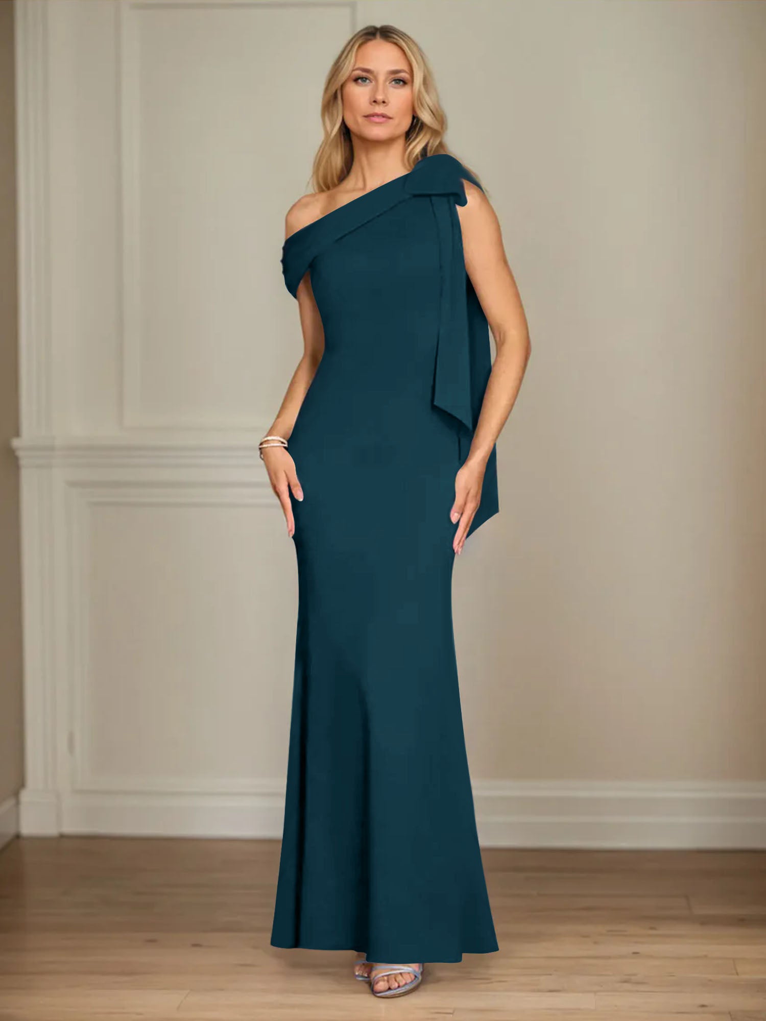 Mermaid One Shoulder Sleeveless Stretch Crepe Mother of the Bride Dress With Bow