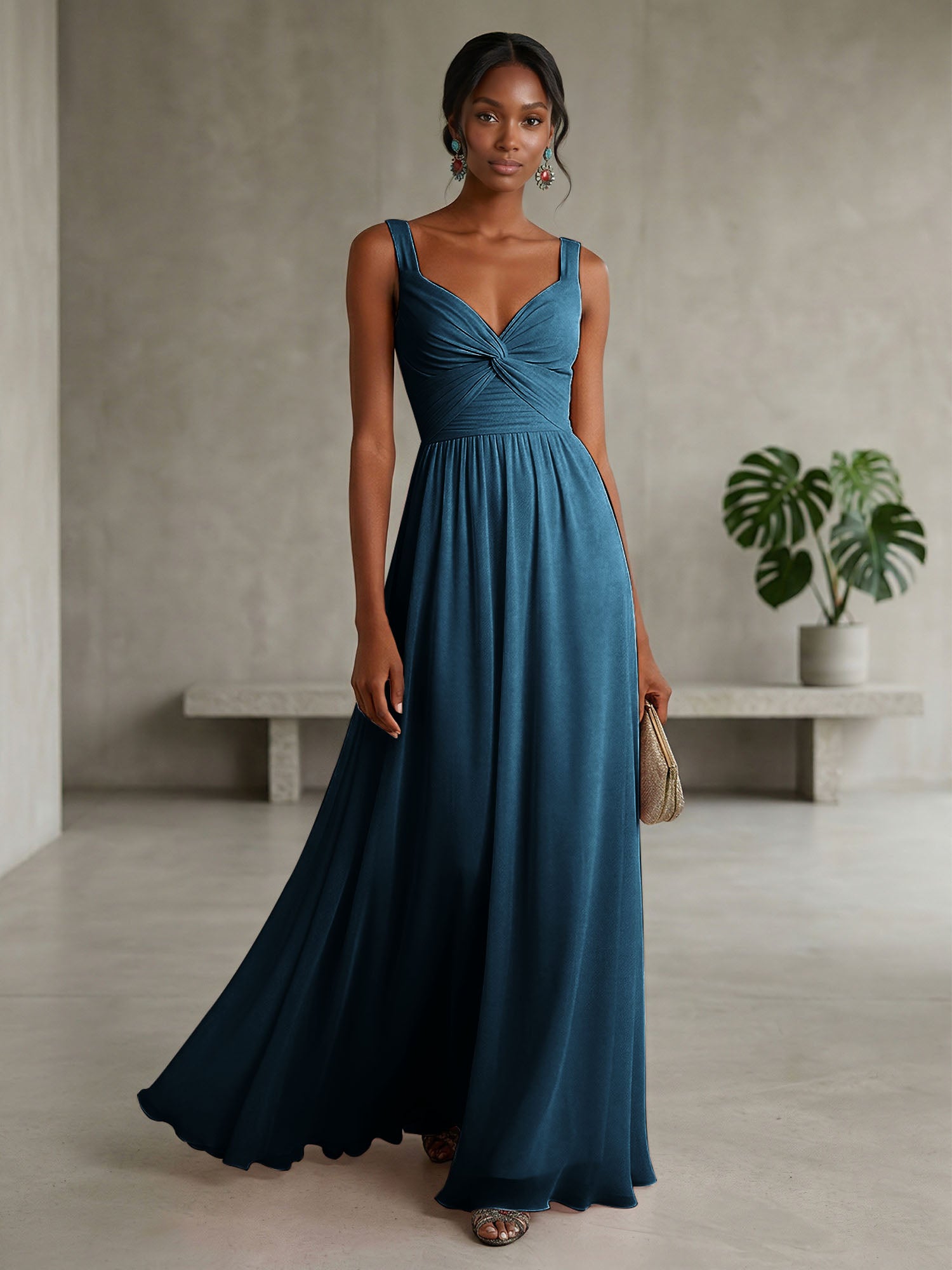 Elegant Soft Blush Twist-Front Chiffon Maxi Gown