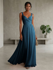 Elegant Soft Blush Twist-Front Chiffon Maxi Gown