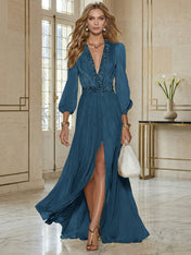Elegant Beige Chiffon V-neck With Rhinestone Embellishments And A Side Slit Maxi Dress