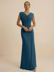 Dusty Grey Draped Cowl Neck Ruched Chiffon Evening Dresses