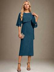 Sheath/Column Scoop Tea Length Chiffon Dress With Pleated Beading