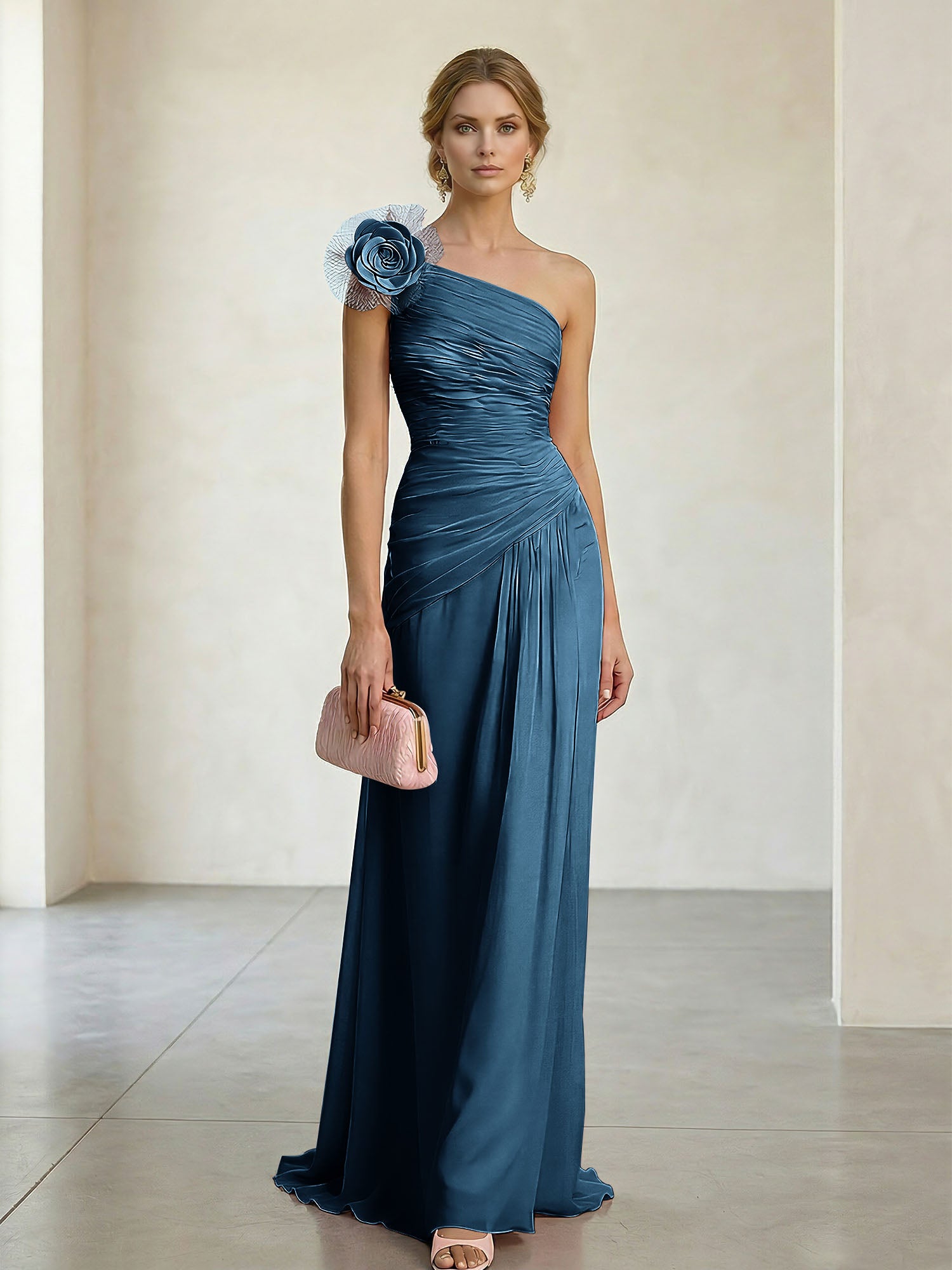 Blush Pink One-Shoulder Ruched 3D Floral Gown Dress