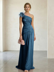 Blush Pink One-Shoulder Ruched 3D Floral Gown Dress