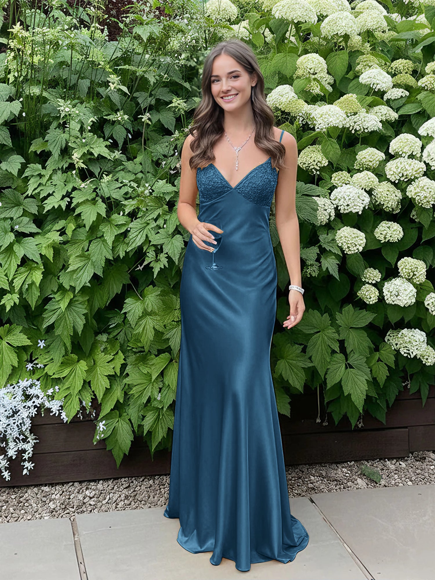 Blue A Line V-neck Beaded Back Tie Long Prom Dress