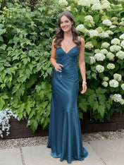 Blue A Line V-neck Beaded Back Tie Long Prom Dress