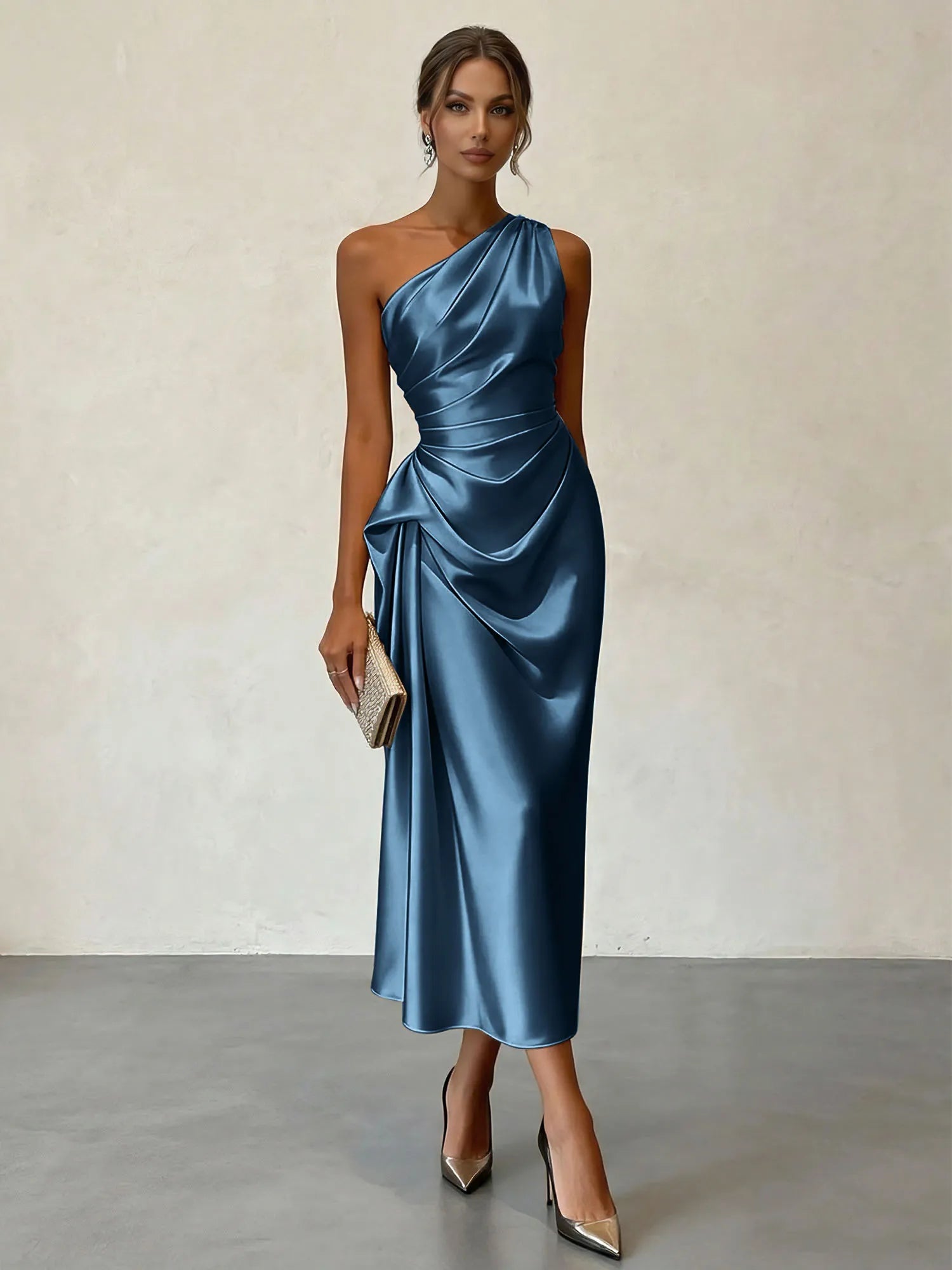 Champagne Ruched Satin One Shoulder Sleeveless Sheath Midi Dress