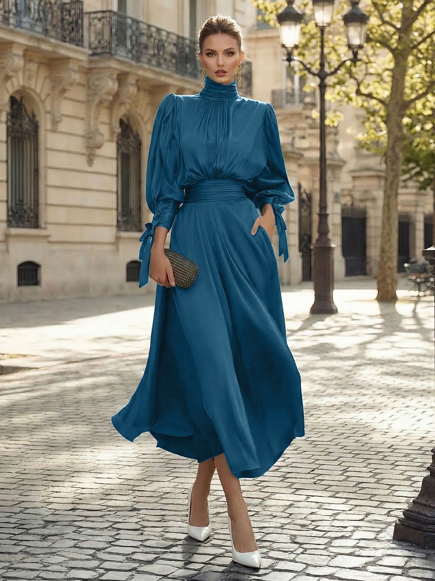 Sophisticated Emerald Green Satin High-Neck Midi Dress Gown