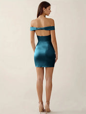 Off-The-Shoulder Ruched Satin Mini Homecoming Dress