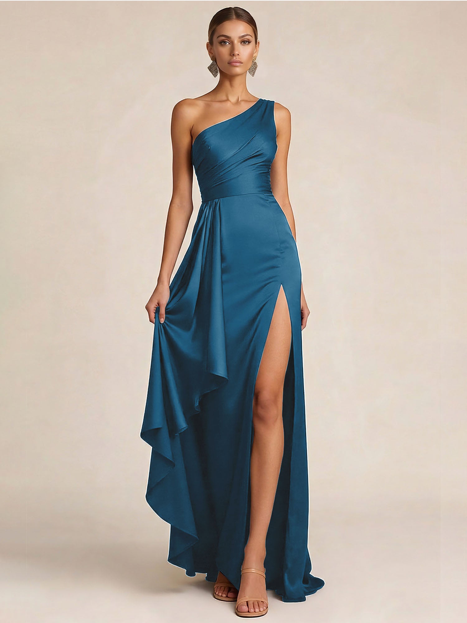 Sleek Foraml Evening Gown Midnight Navy One-Shoulder Satin Slit Maxi Dress
